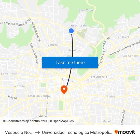 Vespucio Norte to Universidad Tecnológica Metropolitana map