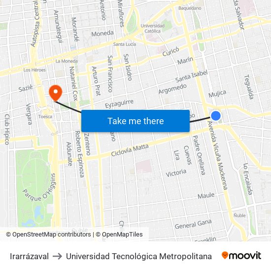 Irarrázaval to Universidad Tecnológica Metropolitana map