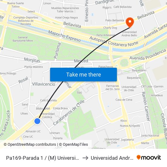 Pa169-Parada 1 / (M) Universidad Católica to Universidad Andres Bello map
