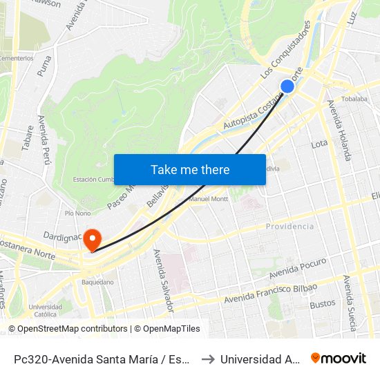 Pc320-Avenida Santa María / Esq. Puente Los Leones to Universidad Andres Bello map