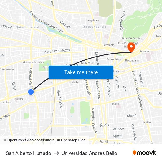 San Alberto Hurtado to Universidad Andres Bello map