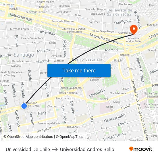 Universidad De Chile to Universidad Andres Bello map