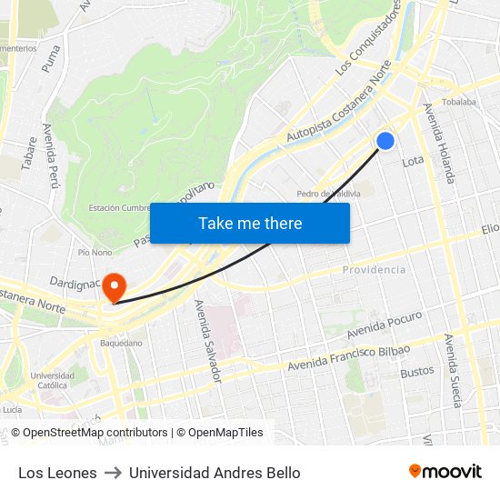 Los Leones to Universidad Andres Bello map