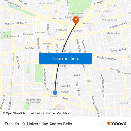 Franklin to Universidad Andres Bello map