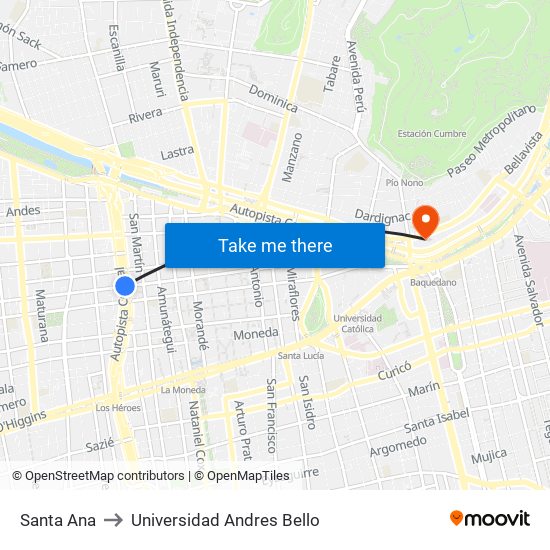 Santa Ana to Universidad Andres Bello map