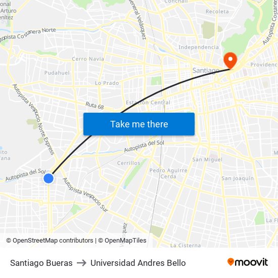 Santiago Bueras to Universidad Andres Bello map