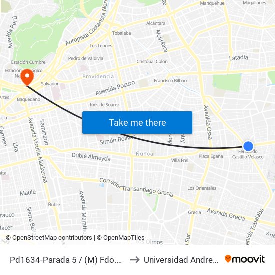 Pd1634-Parada 5 / (M) Fdo.Castillo V. to Universidad Andres Bello map