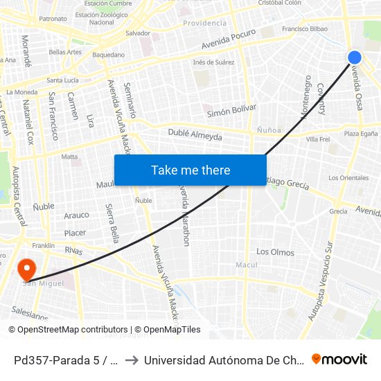 Pd357-Parada 5 / (M) Príncipe De Gales to Universidad Autónoma De Chile - Sede El Llano Subercaseaux map