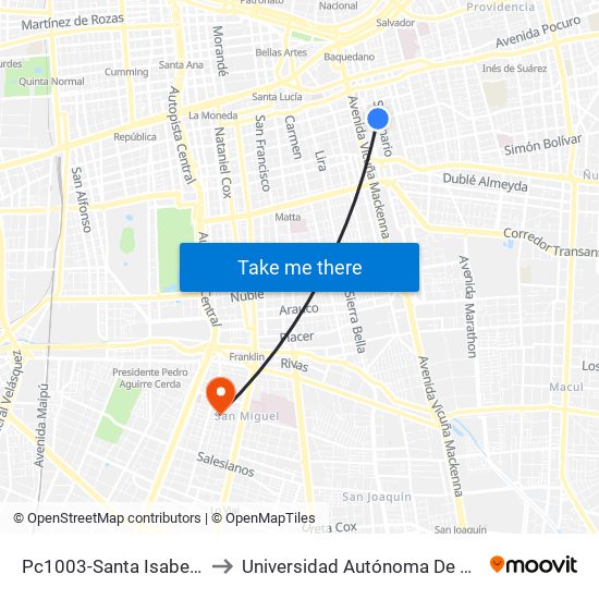 Pc1003-Santa Isabel / Esq. Avenida Seminario to Universidad Autónoma De Chile - Sede El Llano Subercaseaux map