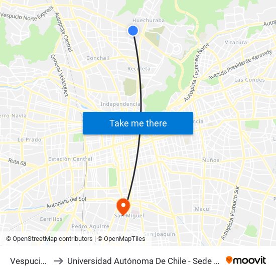 Vespucio Norte to Universidad Autónoma De Chile - Sede El Llano Subercaseaux map