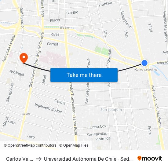 Carlos Valdovinos to Universidad Autónoma De Chile - Sede El Llano Subercaseaux map