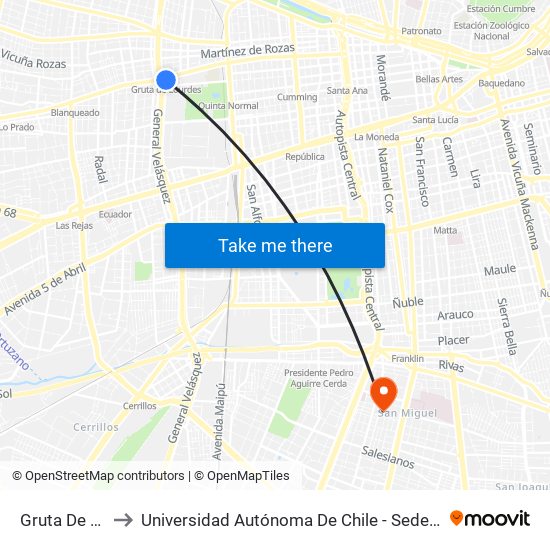 Gruta De Lourdes to Universidad Autónoma De Chile - Sede El Llano Subercaseaux map