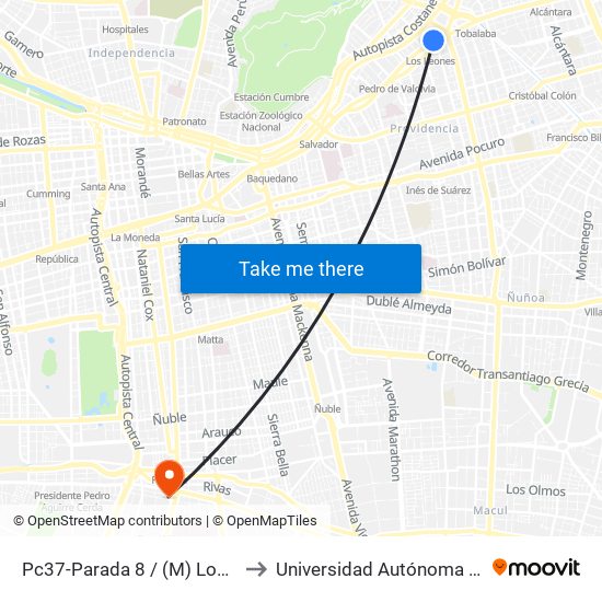 Pc37-Parada 8 / (M) Los Leones to Universidad Autónoma De Chile map