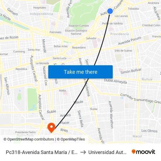 Pc318-Avenida Santa María / Esq. Av. Pedro De Valdivia to Universidad Autónoma De Chile map