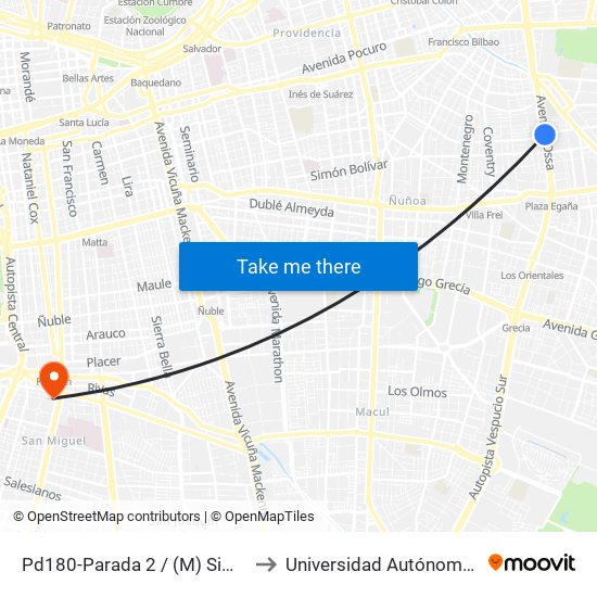 Pd180-Parada 2 / (M) Simón Bolívar to Universidad Autónoma De Chile map