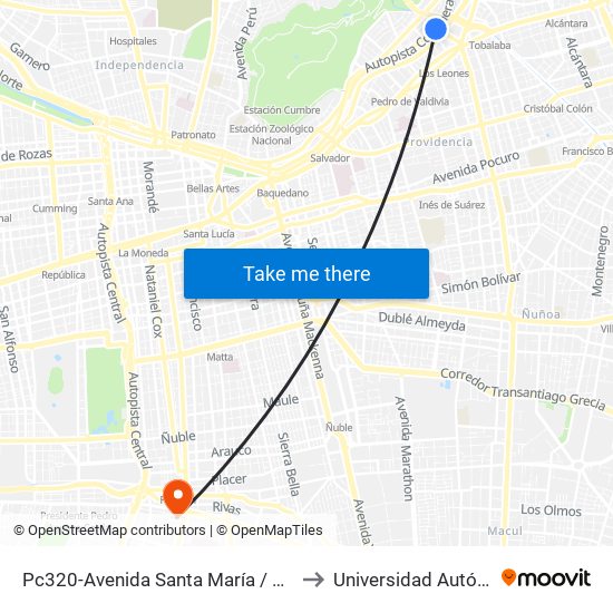 Pc320-Avenida Santa María / Esq. Puente Los Leones to Universidad Autónoma De Chile map