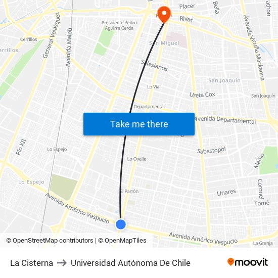 La Cisterna to Universidad Autónoma De Chile map