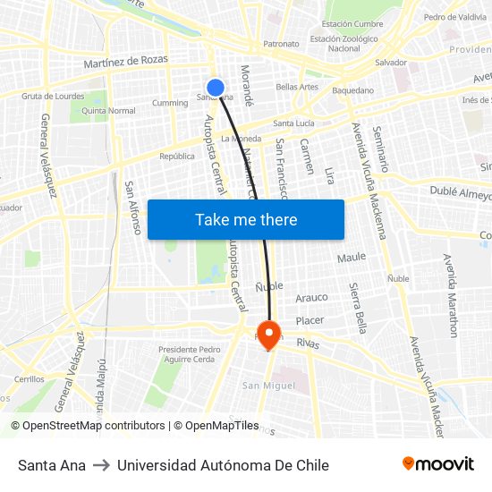 Santa Ana to Universidad Autónoma De Chile map