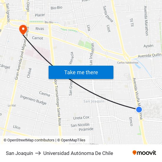 San Joaquín to Universidad Autónoma De Chile map