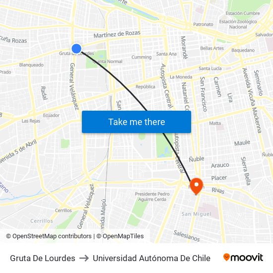 Gruta De Lourdes to Universidad Autónoma De Chile map