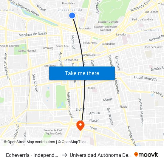 Echeverría - Independencia to Universidad Autónoma De Chile map