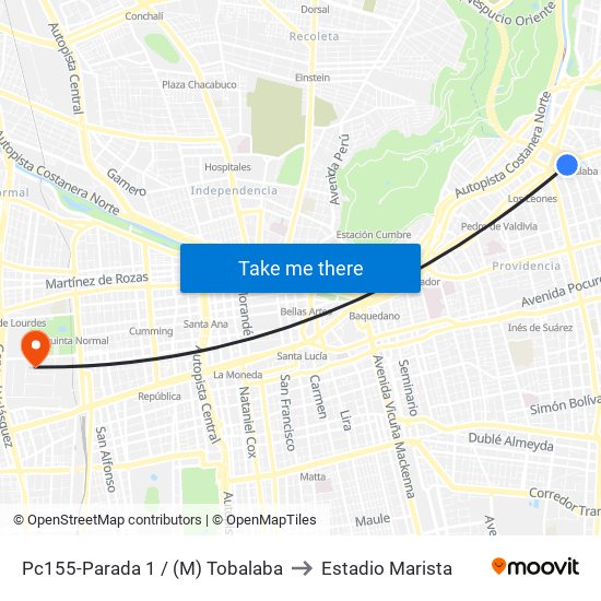 Pc155-Parada 1 / (M) Tobalaba to Estadio Marista map