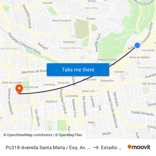 Pc318-Avenida Santa María / Esq. Av. Pedro De Valdivia to Estadio Marista map