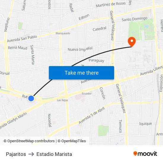 Pajaritos to Estadio Marista map