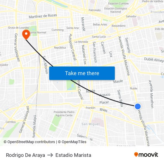 Rodrigo De Araya to Estadio Marista map