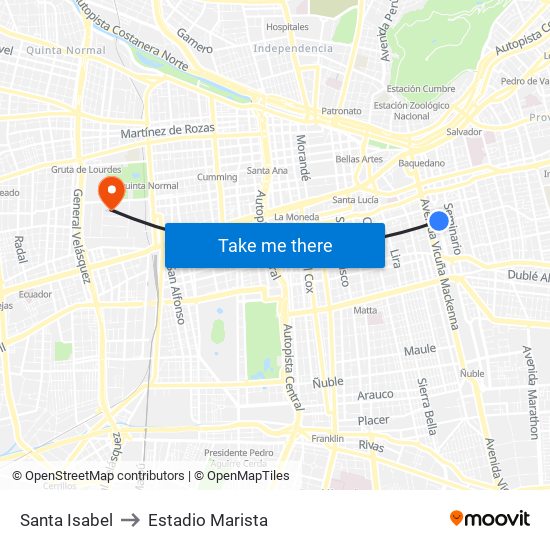 Santa Isabel to Estadio Marista map