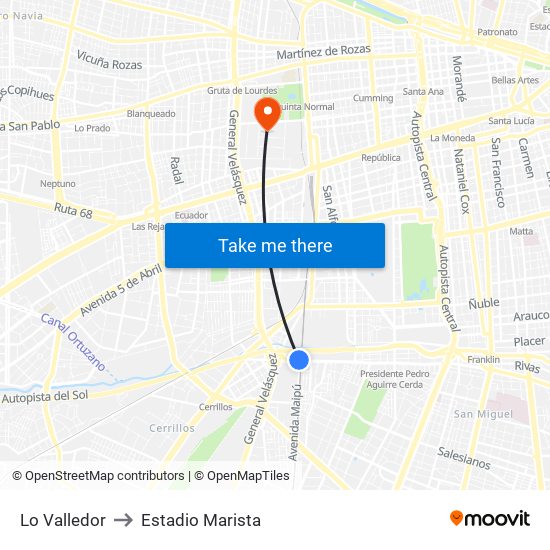 Lo Valledor to Estadio Marista map