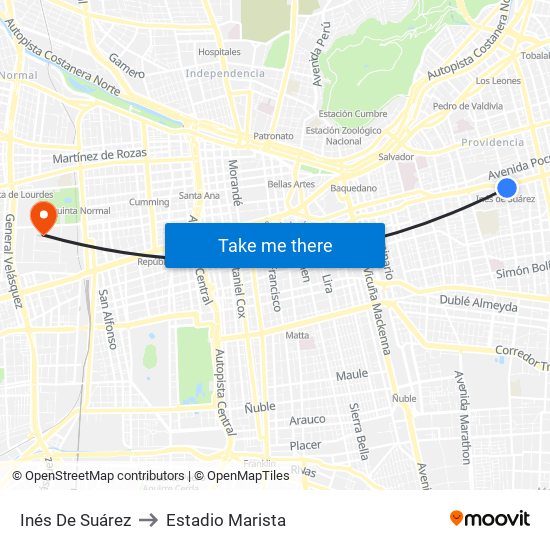 Inés De Suárez to Estadio Marista map