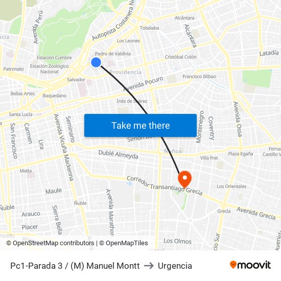 Pc1-Parada 3 / (M) Manuel Montt to Urgencia map