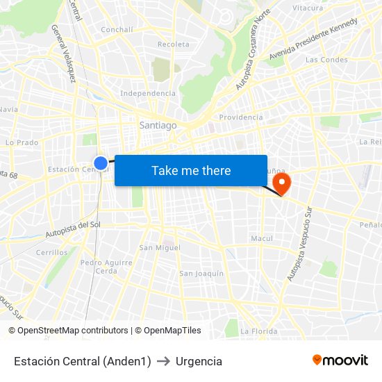Estación Central (Anden1) to Urgencia map