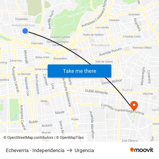 Echeverría - Independencia to Urgencia map