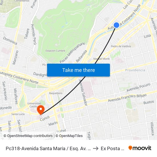Pc318-Avenida Santa María / Esq. Av. Pedro De Valdivia to Ex Posta Central map