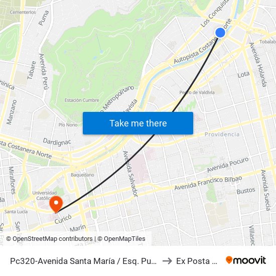 Pc320-Avenida Santa María / Esq. Puente Los Leones to Ex Posta Central map