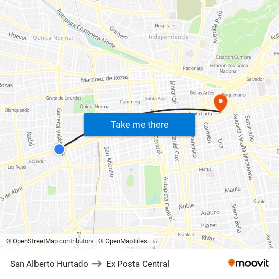 San Alberto Hurtado to Ex Posta Central map