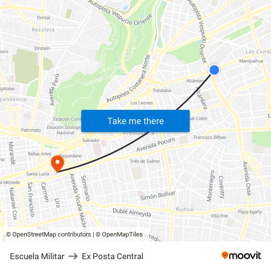 Escuela Militar to Ex Posta Central map