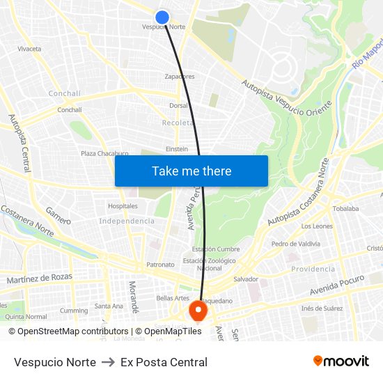 Vespucio Norte to Ex Posta Central map