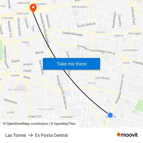 Las Torres to Ex Posta Central map