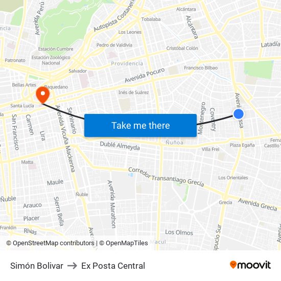 Simón Bolivar to Ex Posta Central map