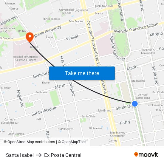 Santa Isabel to Ex Posta Central map