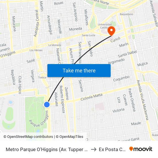 Metro Parque O'Higgins (Av. Tupper Esq. Av. Viel) to Ex Posta Central map
