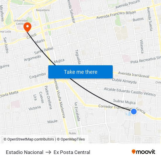 Estadio Nacional to Ex Posta Central map