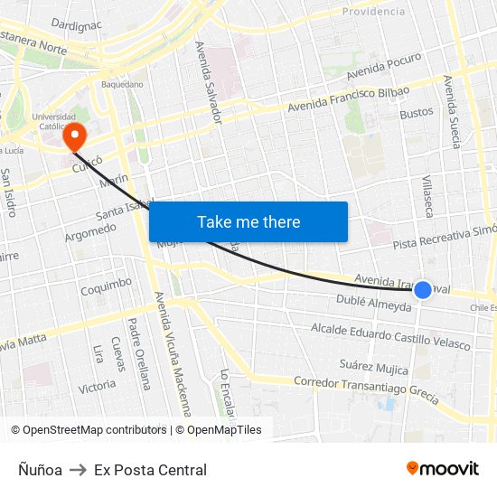 Ñuñoa to Ex Posta Central map