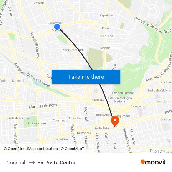 Conchalí to Ex Posta Central map