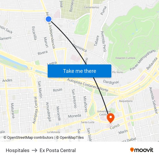 Hospitales to Ex Posta Central map