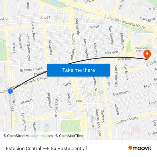 Estación Central to Ex Posta Central map