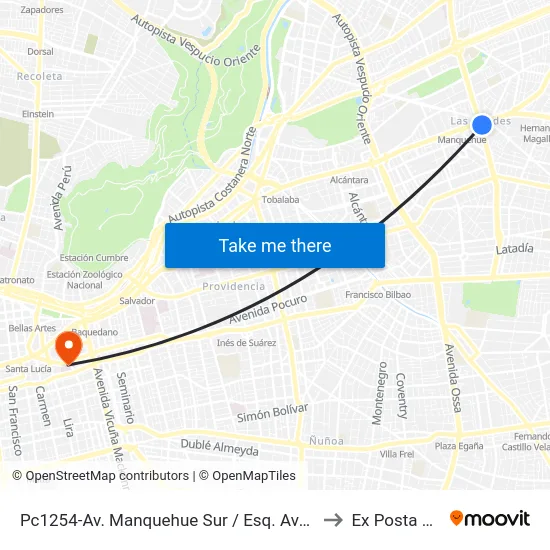 Pc1254-Av. Manquehue Sur / Esq. Avenida Apoquindo to Ex Posta Central map